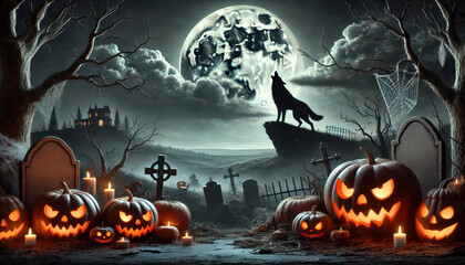 Fototapeta premium Howling Wolf on a Halloween Night : Silhouette of a wolf howling at the full moon with glowing pumpkins and graveyard
