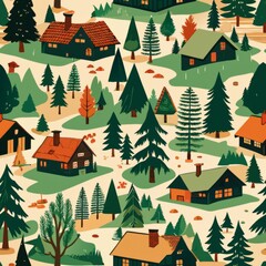 Obraz premium Seamless pattern of rustic cabins and forest trails