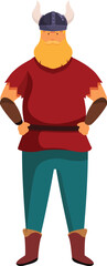 Confident viking character wearing helmet and red tunic standing with hands on hips
