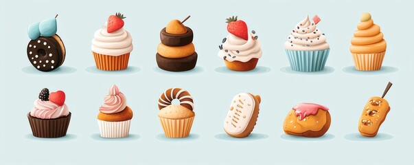 A delightful collection of colorful and tasty desserts, including cupcakes, ice cream, and sweet treats ideal for any occasion.
