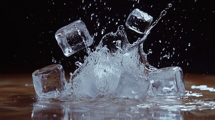 A powerful splash of water with realistic 3D ice cubes, capturing the energetic and dynamic moment of liquid in motion.