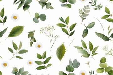 Seamless watercolor pattern featuring delicate greens and wildflowers, capturing the essence of botanical herbs with a fresh and natural aesthetic.