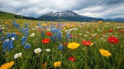 Obraz premium A vibrant field of wildflowers with a mountain backdrop 