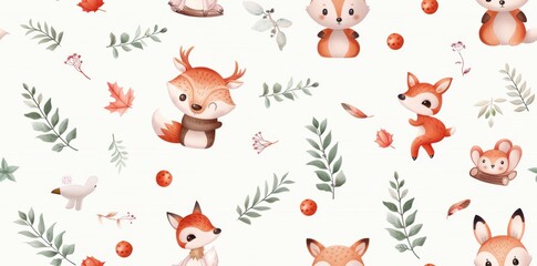 Seamless watercolor pattern featuring cute woodland creatures in playful scenes, showcasing charming animal illustrations and a whimsical forest ambiance.