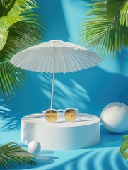 Obraz premium A pair of sunglasses and an umbrella sit on a white platform, ready for use