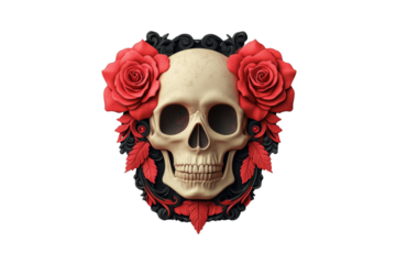 Artistic skull design adorned with red roses and elegant foliage, perfect for themes of life, death, and beauty.