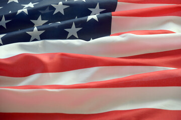 United States of America flag with stars and stripes close up. Official US Banner waving with folds