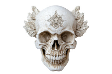 Naklejka premium Intricate skull design featuring ornate leaves and a star pattern, perfect for gothic or decorative themes.
