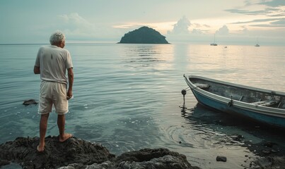 Fototapeta premium A serene scene with a fisherman by a boat looking at the calm sea during early morning with a distant island.