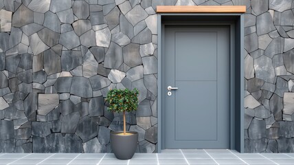 Modern entrance featuring a gray door and a potted plant against a stylish stone wall, creating a welcoming atmosphere.