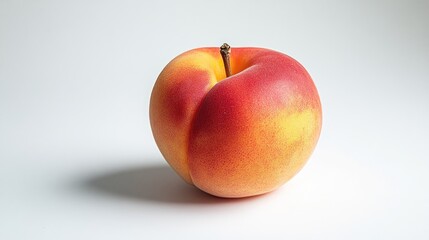 Photo of a single peach with exposed pulp on a pristine white background, showcasing its juicy and fresh texture.