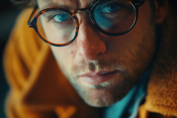 Radiant close up portrait of a man with a serious gaze wearing glasses
