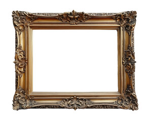 A close-up view of an ornate gold picture frame, displaying intricate details and a classic design.