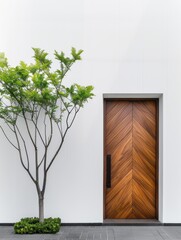Obraz premium Stylish wooden door with herringbone pattern beside a tree, offering a modern touch to minimalist architecture.