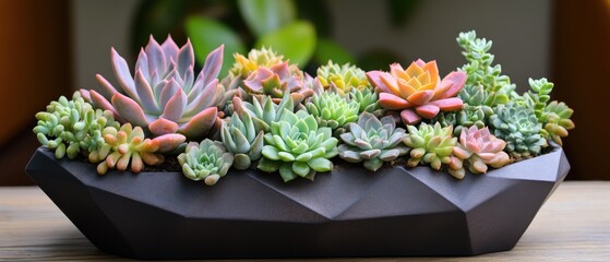 An artistic arrangement of succulents in a geometric planter 