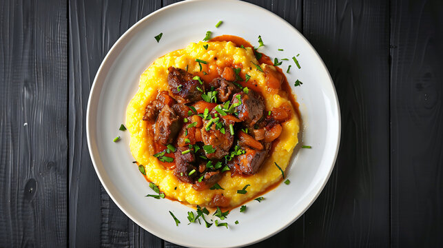 Meat and sauce stew with polenta and parsley garnish served on a white plate