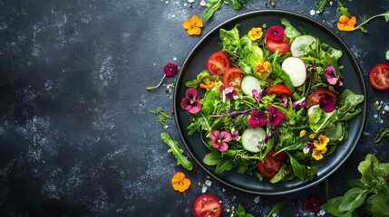An overhead shot of a fresh, green salad made with organic vegetables and edible flowers 