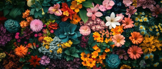 An overhead view of a vibrant flower bed with diverse species 