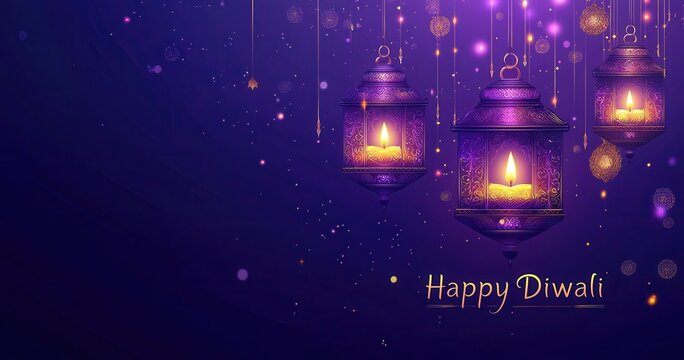 purple Diwali background with hanging lanterns and lights