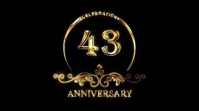 43rd Anniversary Celebration. Happy 43 Years Anniversary Animation in Gold Color on the Transparent Background, Alpha Channel. Great for greetings, celebrations, events, and gifts.