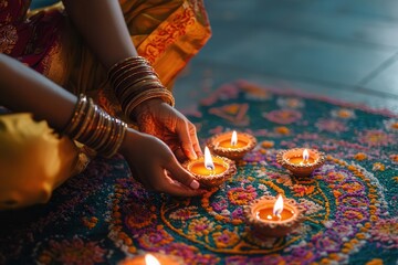 womans hand lighting Diwali oil lamps on colorful floral Diwali decoration