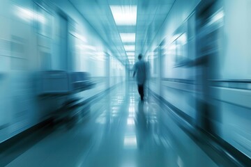 abstract blur of hospital corridor muted blues and whites suggestion of movement and urgency soft focus on distant figures