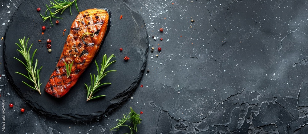 Aufkleber Top view of a salmon fish steak with seasoning on a black slate plate with copy space image available
