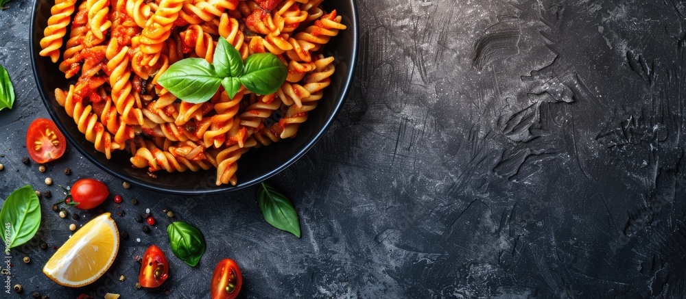 Aufkleber Top view of a vegetarian Italian dish on the menu concept featuring rotini pasta in tomato sauce with a background suitable for text in a copy space image
