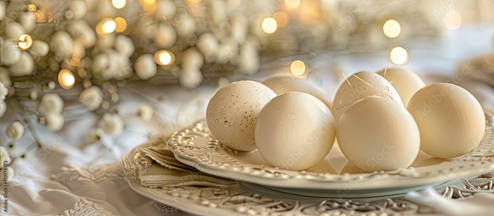 Poster focused on a close up of delicate white chicken eggs on a festively set easter table with room for t