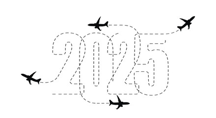 Merry Christmas and New Year concept. The route of the aircraft in 2025. Vector