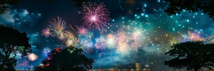Fototapeta premium Colorful bursts of fireworks fill the night sky, illuminating the cityscape below and reflecting beautifully on the water's surface.