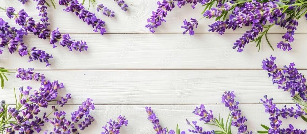 Leinwandbilder a floral composition with vibrant purple lavender flowers arranged in a circular frame on a white wo