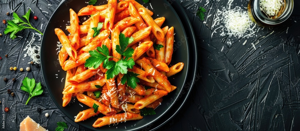 Poster Top view of homemade Penne Alla Vodka with cheese and parsley on blank notepad flat lay image with copy space