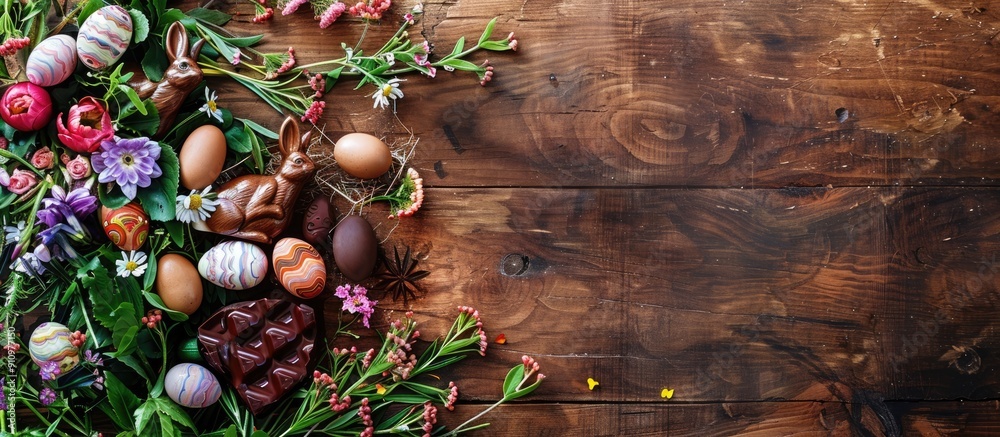 Aufkleber top view of a lovely easter arrangement featuring a chocolate bunny eggs and flowers on a wooden bac