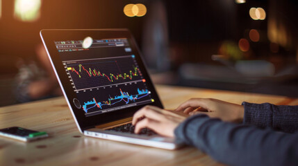 A laptop showing dynamic financial data in a dimly lit setting, capturing the intensity and focus of a modern financial environment.