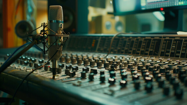 A professional studio microphone and soundboard setup, capturing the essence of music production and audio engineering.