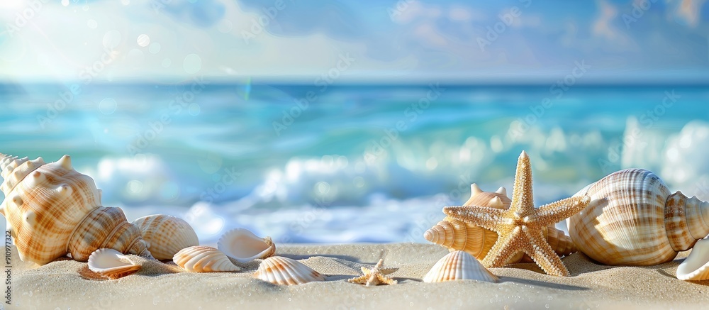 Poster a serene beach scene with seashells a starfish and a lovely copy space image