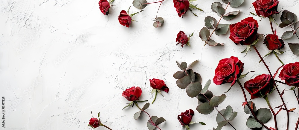 Poster valentine s day concept depicted with roses and eucalyptus on a white background with copy space ima