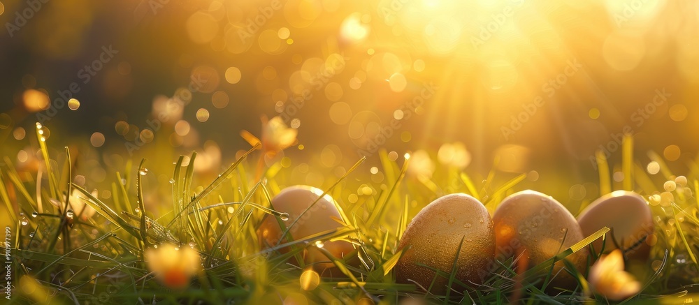 Poster spring holiday background with golden eggs on fresh grass under the sun s rays ideal for easter wall