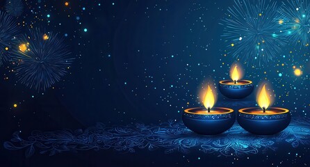 diwali celebration background with blue lights and burning candles