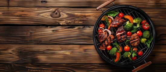 A top down view of raw meat and vegetables on a grill atop a wooden surface creates a vivid barbecue scene in this copy space image