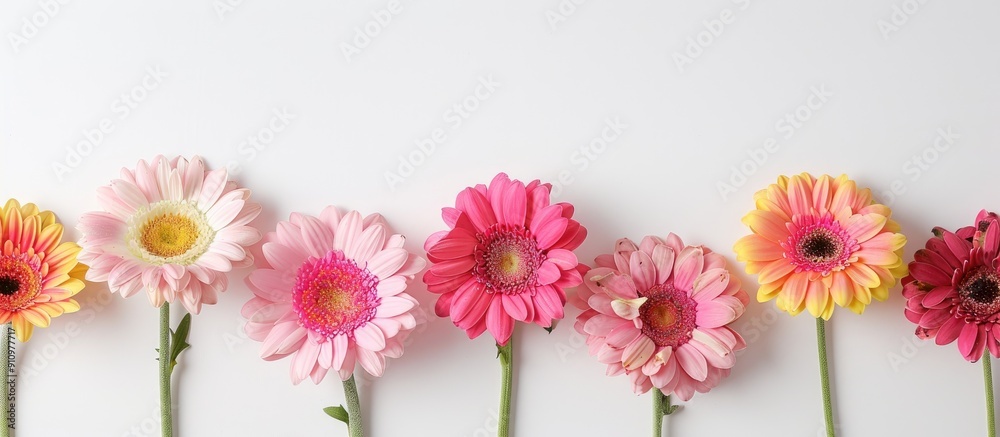 Poster a border row of pink and yellow gerbera daisies on a grey and white backdrop with a blank space for 