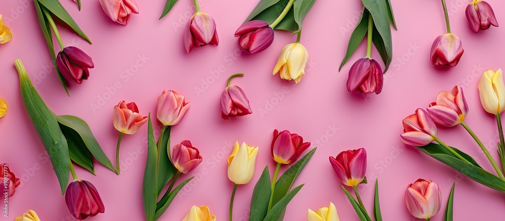 Fototapete flat lay composition created with tulip flowers forming a concept background with copy space image