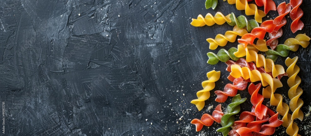 Poster Colorful pasta on a dark surface seen from above with space for adding text or other elements in the picture. copy space available