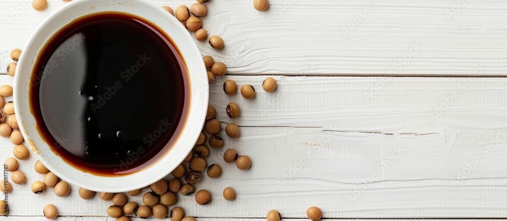 Poster close up of delicious soy sauce in a bowl with soybeans on a white wooden table providing copy space
