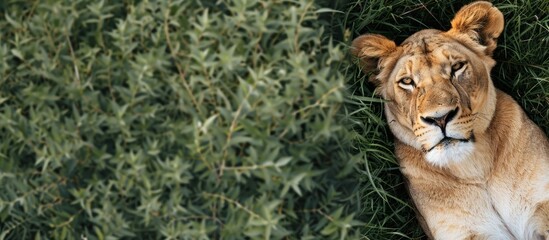 Obraz premium A lioness lying on grass at the zoo captured from an elevated perspective with a copy space image included