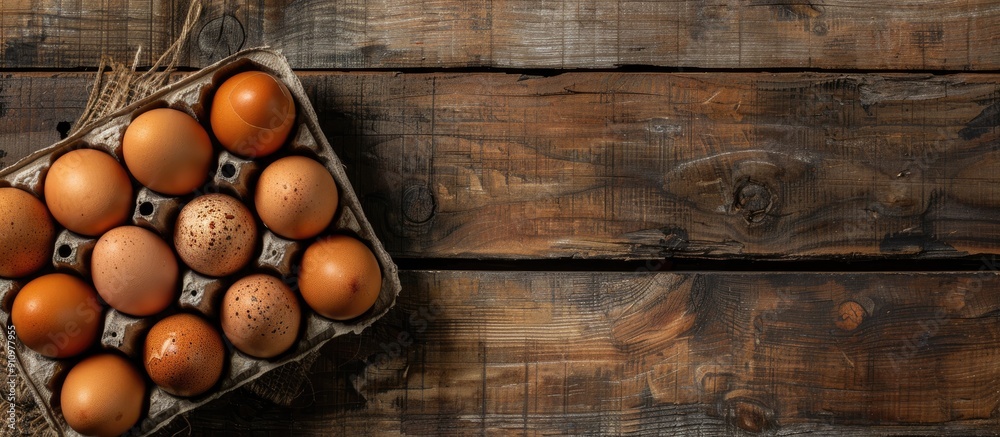 Poster close up of chicken eggs in an egg box on a vintage wooden background with copy space image