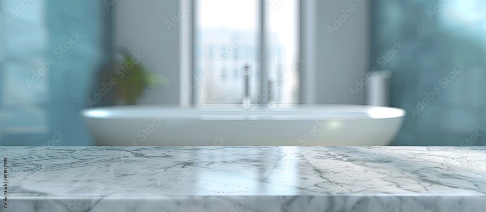 Aufkleber marble table with unoccupied surface against a blurry bathroom as the copy space image