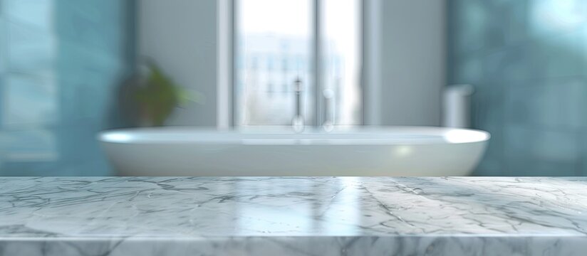 Marble table with unoccupied surface against a blurry bathroom as the copy space image