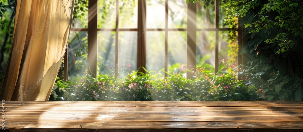 Aufkleber a wooden table without items set against a green garden backdrop with sunlight filtering through the